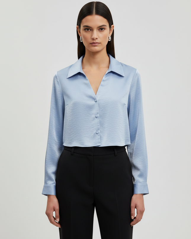 Zara Blue Cropped Satin-Finish Button-Down Blouse