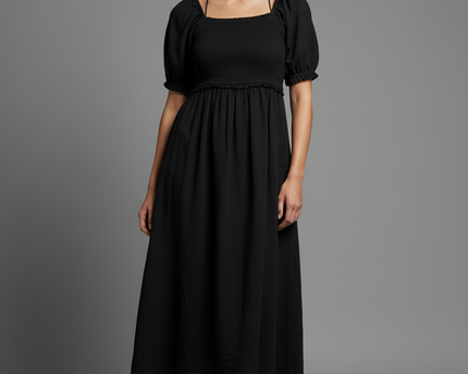 Cotton On Black Smocked Puff Sleeve Midi Dress