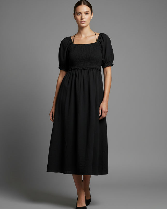 Cotton On Black Smocked Puff Sleeve Midi Dress