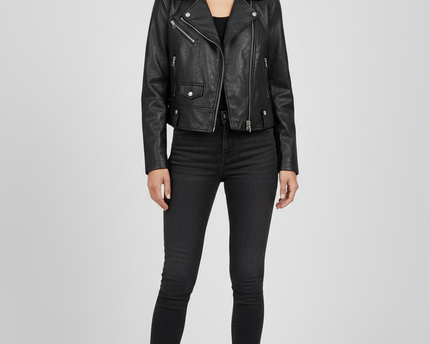 Bershka Black Faux Leather Cropped Biker Jacket