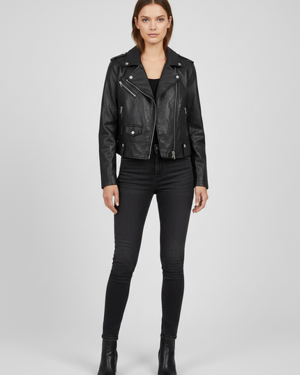 Bershka Black Faux Leather Cropped Biker Jacket