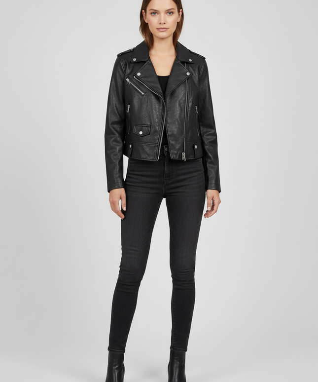 Bershka Black Faux Leather Cropped Biker Jacket