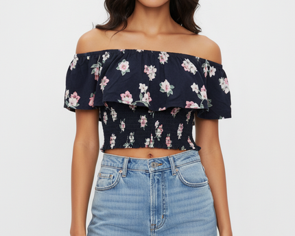 Abercrombie & Fitch Navy Blue Floral Smocked Off-Shoulder Crop Top