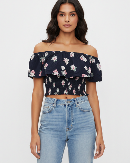 Abercrombie & Fitch Navy Blue Floral Smocked Off-Shoulder Crop Top