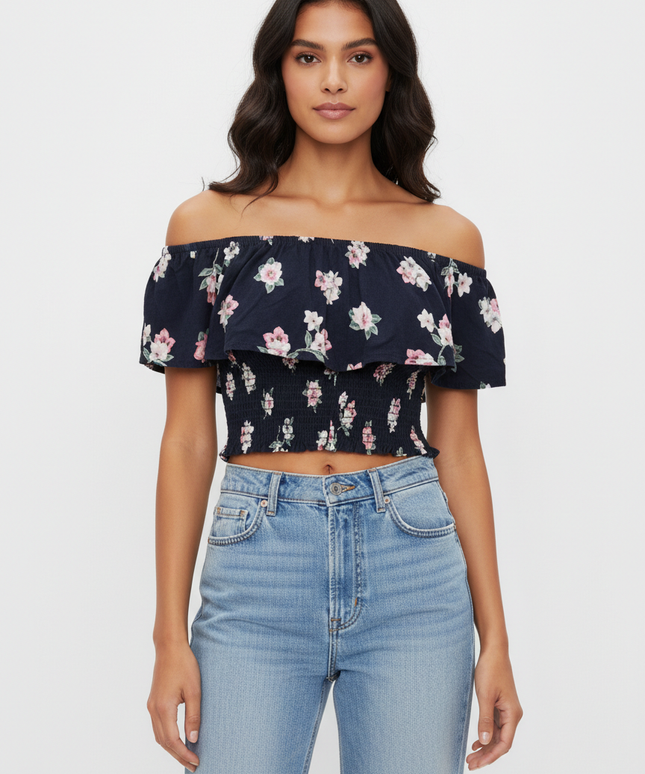 Abercrombie & Fitch Navy Blue Floral Smocked Off-Shoulder Crop Top