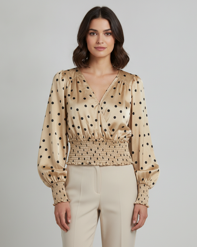 Blu Pepper Tan with Black Polka Dots Blouse