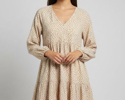 American Eagle Cream Floral Long Sleeve Tiered Mini Dress