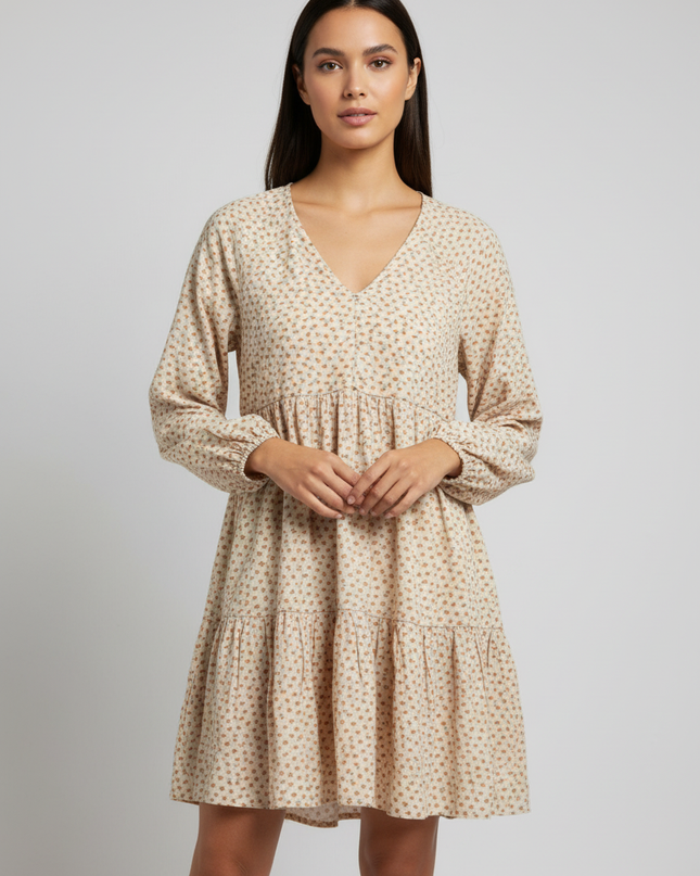 American Eagle Cream Floral Long Sleeve Tiered Mini Dress