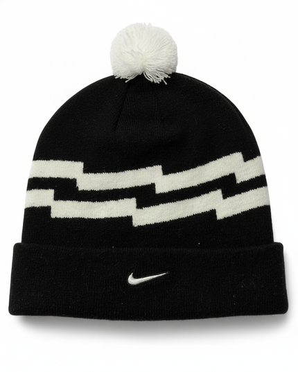 Nike Black & White Zig‑Zag Pattern Pom Beanie Hat
