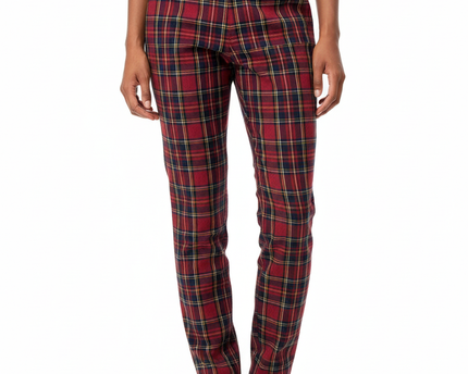 ZARA Red & Navy Tartan Plaid Elastic Waist Slim Trousers