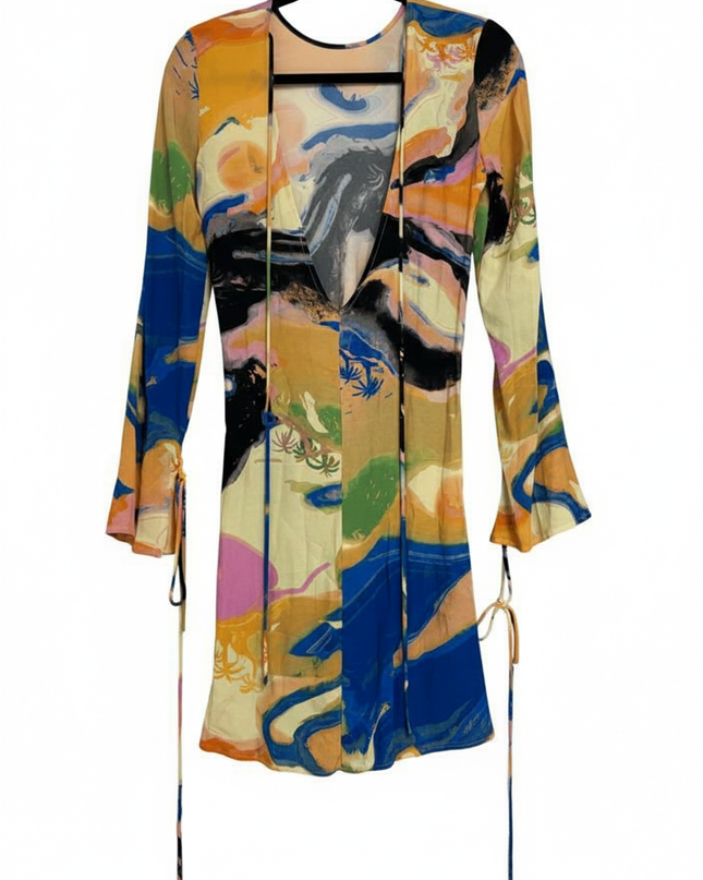 H&M Abstract Sunset Landscape Print Open Back Mini Dress