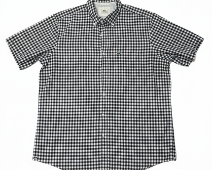 Lacoste Navy Blue and White Gingham Short Sleeve Button-Down Shirt