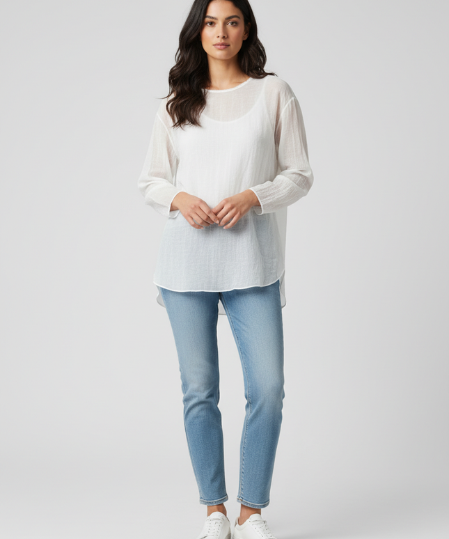 Zara White Sheer Textured Long Sleeve Blouse