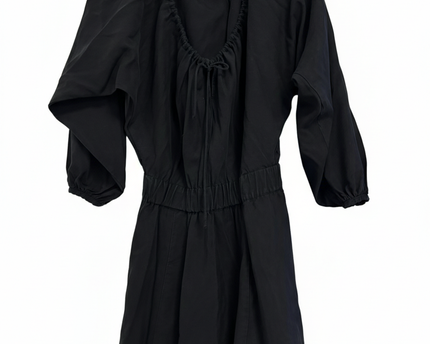 H&M Black Lyocell-Linen Puff Sleeve Tie-Neck Dress