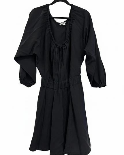H&M Black Lyocell-Linen Puff Sleeve Tie-Neck Dress
