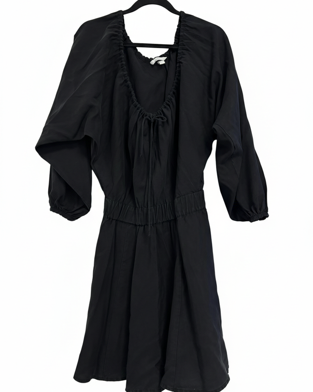 H&M Black Lyocell-Linen Puff Sleeve Tie-Neck Dress