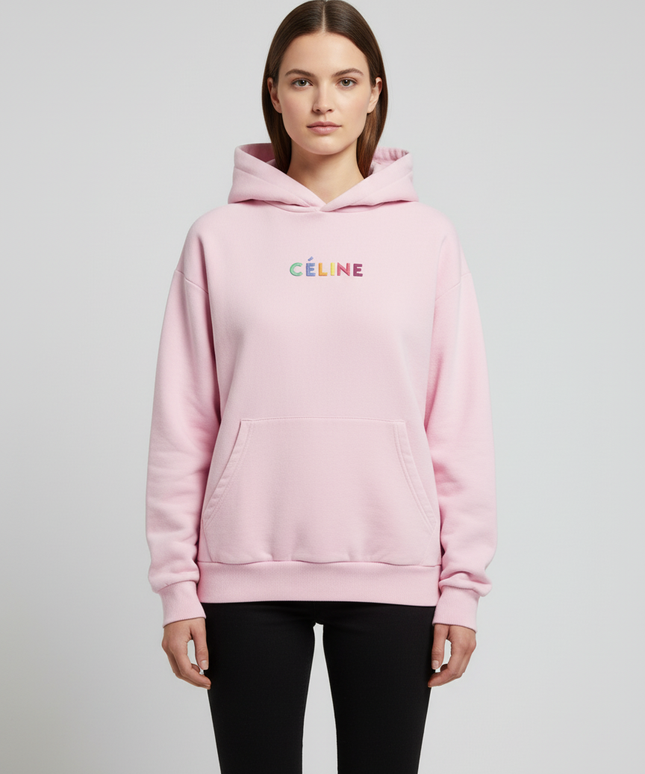 Celine Pink Multi-Color Embroidered Logo Oversized Hoodie