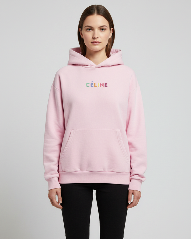 Celine Pink Multi-Color Embroidered Logo Oversized Hoodie