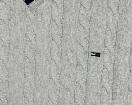 Tommy Hilfiger White V-Neck Cable Knit Tennis Sweater
