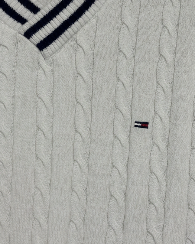 Tommy Hilfiger White V-Neck Cable Knit Tennis Sweater