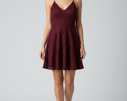 Ecoté Maroon Lace V-Neck Fit & Flare Mini Dress