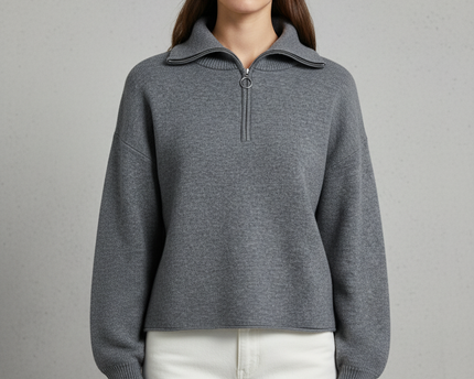 Stradivarius Grey Quarter-Zip Ring Pull Knit Sweater