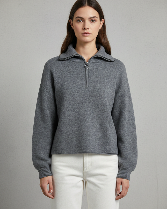 Stradivarius Grey Quarter-Zip Ring Pull Knit Sweater