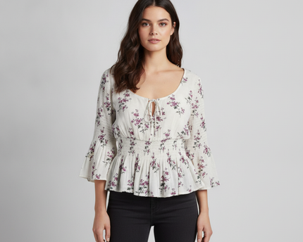 American Eagle White/Purple Floral Smocked Peplum Blouse