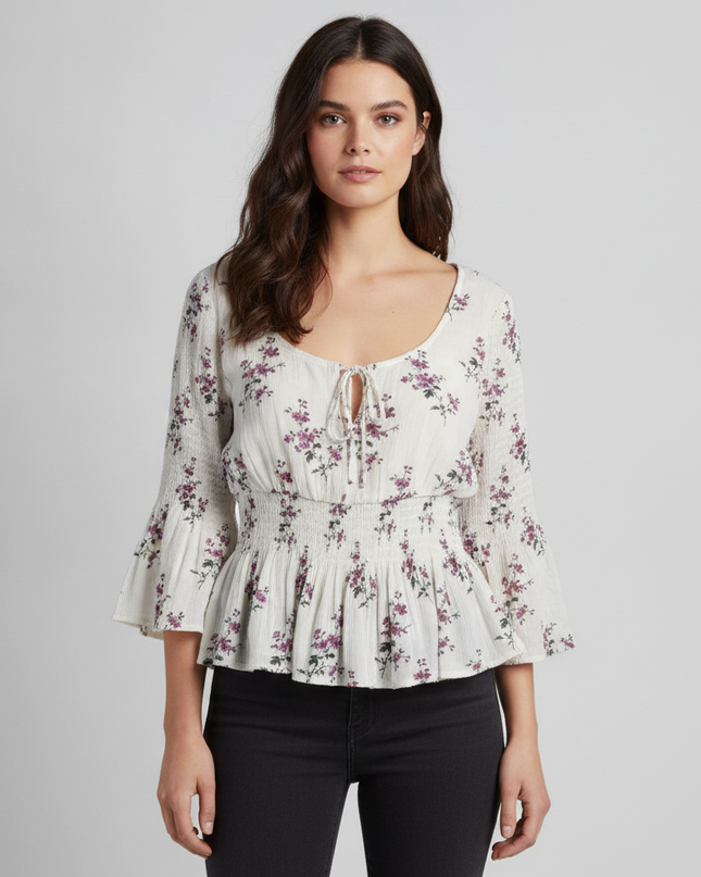 American Eagle White/Purple Floral Smocked Peplum Blouse