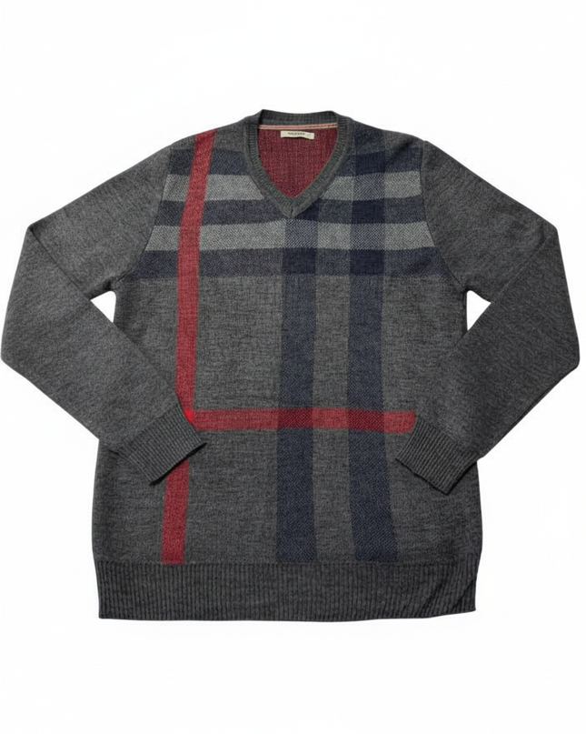 Burberry London Grey V-Neck Oversized Check Knit Sweater