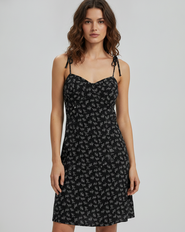 American Eagle Black Ditsy Floral Tie-Shoulder Mini Dress