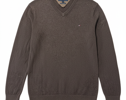 Tommy Hilfiger Brown Pima Cotton Cashmere V-Neck Sweater