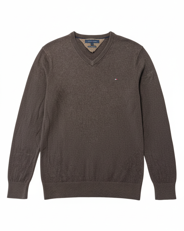 Tommy Hilfiger Brown Pima Cotton Cashmere V-Neck Sweater