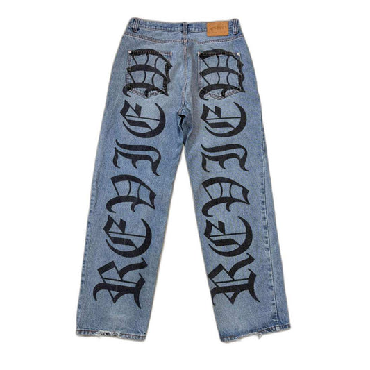 Review Baggy Denim Printed Blue Jeans - L | Waist: 34"