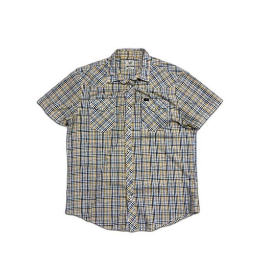 Lee Regular Fit Western Yellow & Blue Plaid Snap Button Shirt - L
