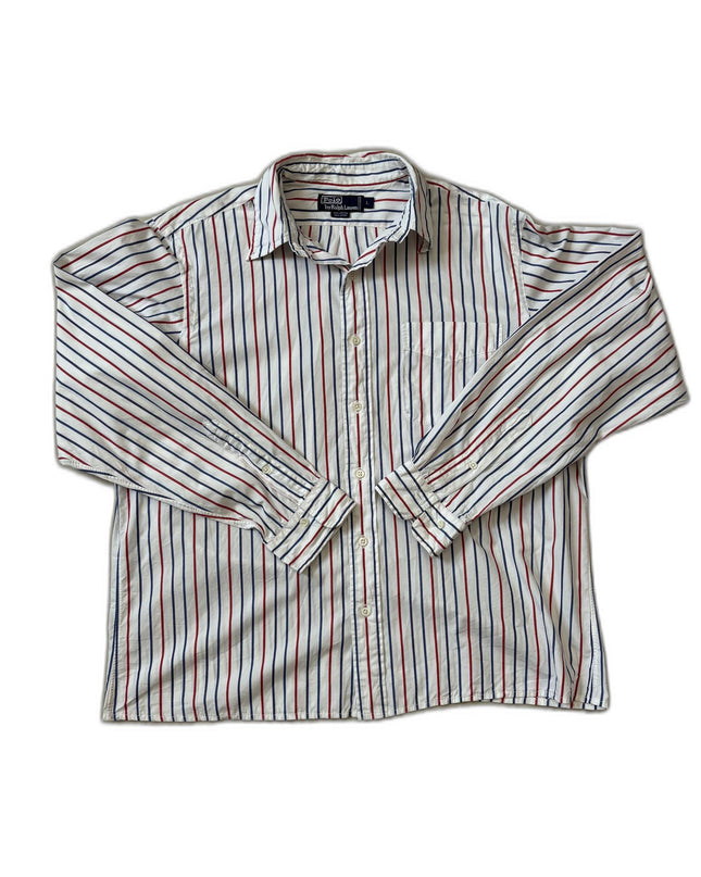 Ralph Lauren Red & Navy Blue Vertical Striped White Polo Shirt - L