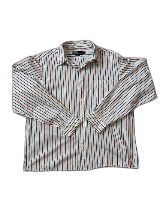 Ralph Lauren Red & Navy Blue Vertical Striped White Polo Shirt - L