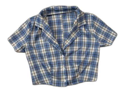 Plaid Blue & White Button-Down Crop Shirt - XS