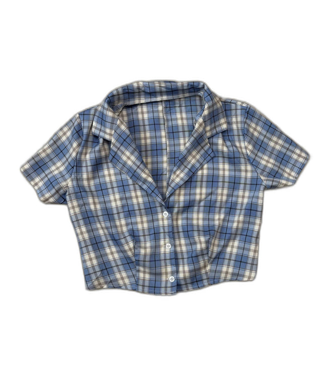 Plaid Blue & White Button-Down Crop Shirt - XS