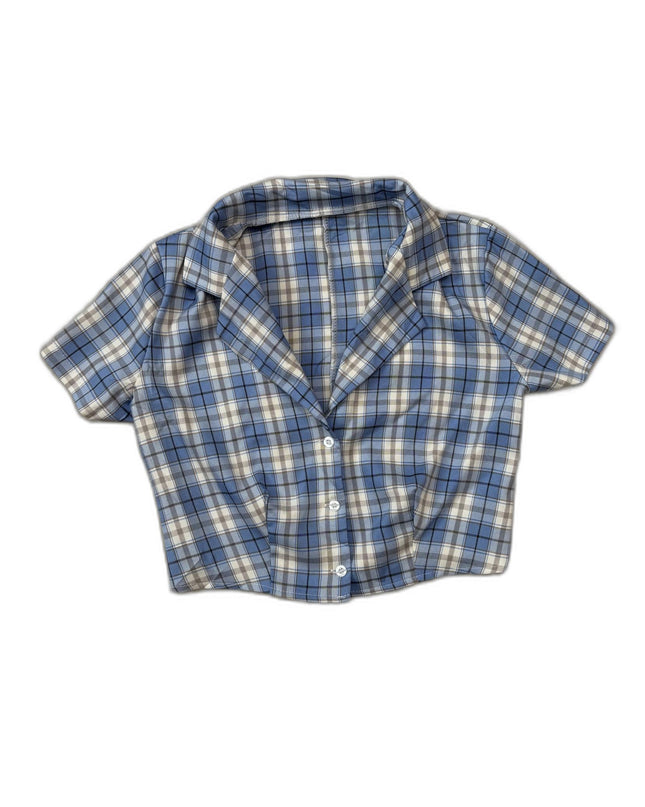 Plaid Blue & White Button-Down Crop Shirt - XS