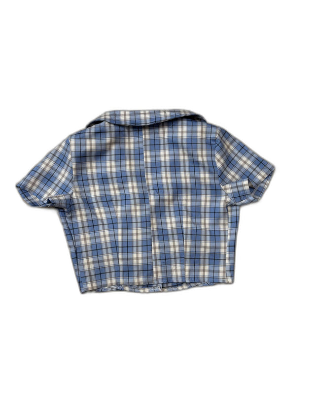 Plaid Blue & White Button-Down Crop Shirt - XS