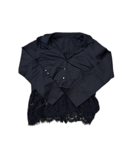 Black Lace-Trimmed Button-Down Blouse - M