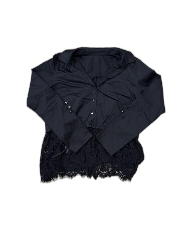 Black Lace-Trimmed Button-Down Blouse - M