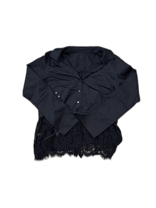 Black Lace-Trimmed Button-Down Blouse - M
