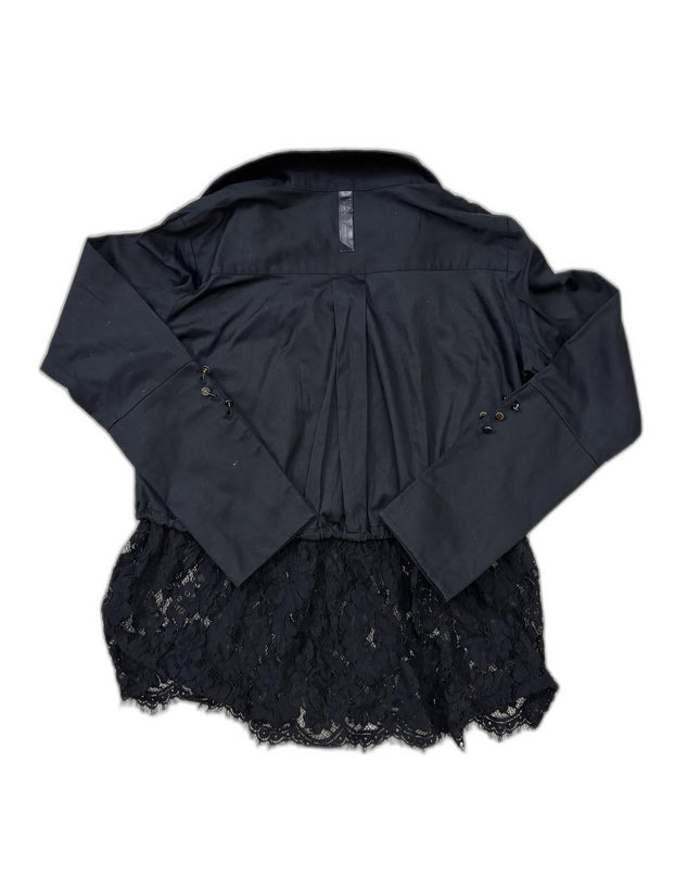 Black Lace-Trimmed Button-Down Blouse - M