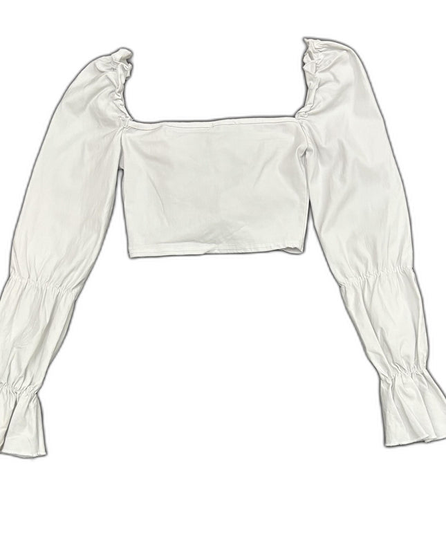 Pretty Little Thing White Ruched Front Long Sleeve Crop Top - XS