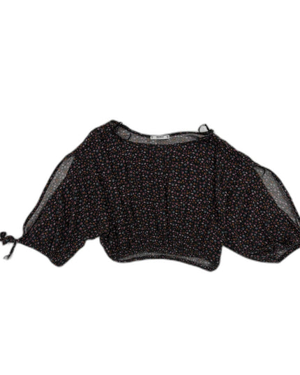 Pull & Bear Black Ditsy Floral Chiffon Crop Blouse - XS