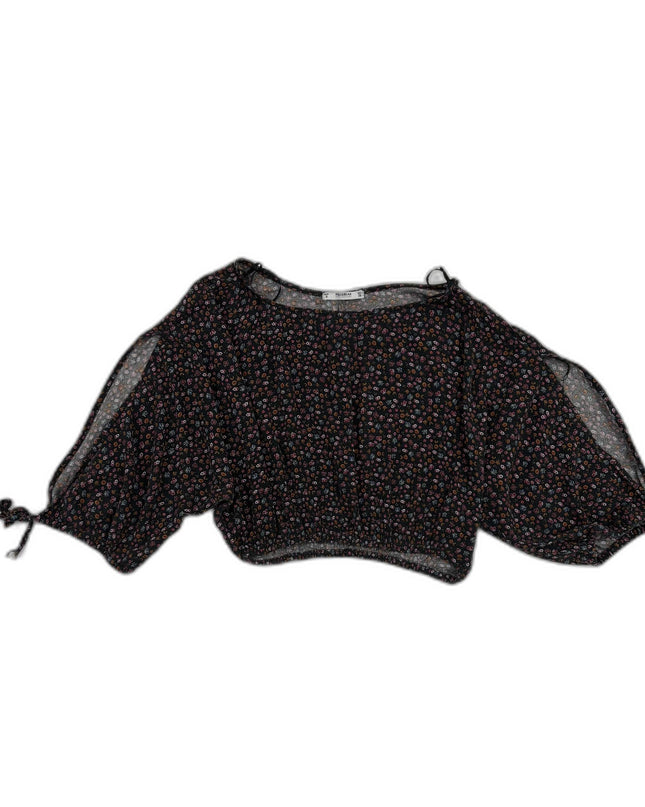 Pull & Bear Black Ditsy Floral Chiffon Crop Blouse - XS