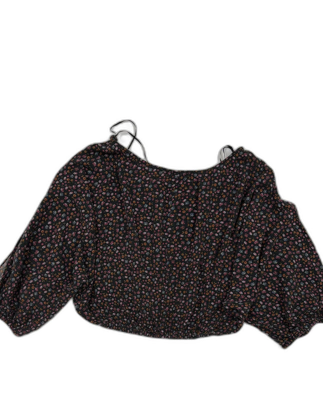 Pull & Bear Black Ditsy Floral Chiffon Crop Blouse - XS