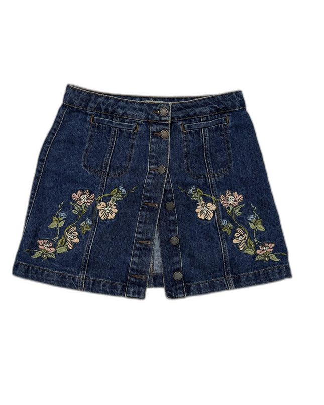 Topshop Moto Y2K Embroidered Button-Front Denim Mini Skirt - M | Waist: 28"